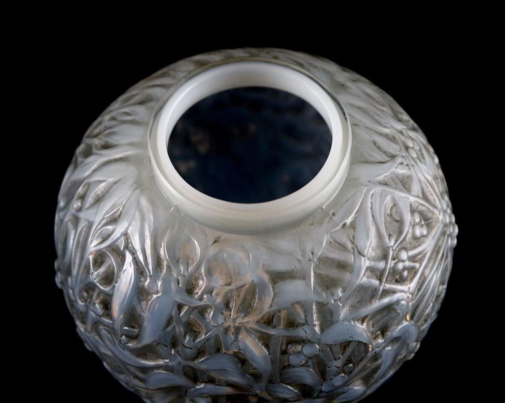 René Lalique. A sepia tinted opalescent glass Gui pattern vase, no.948, designed in 1920, 16.5cm high